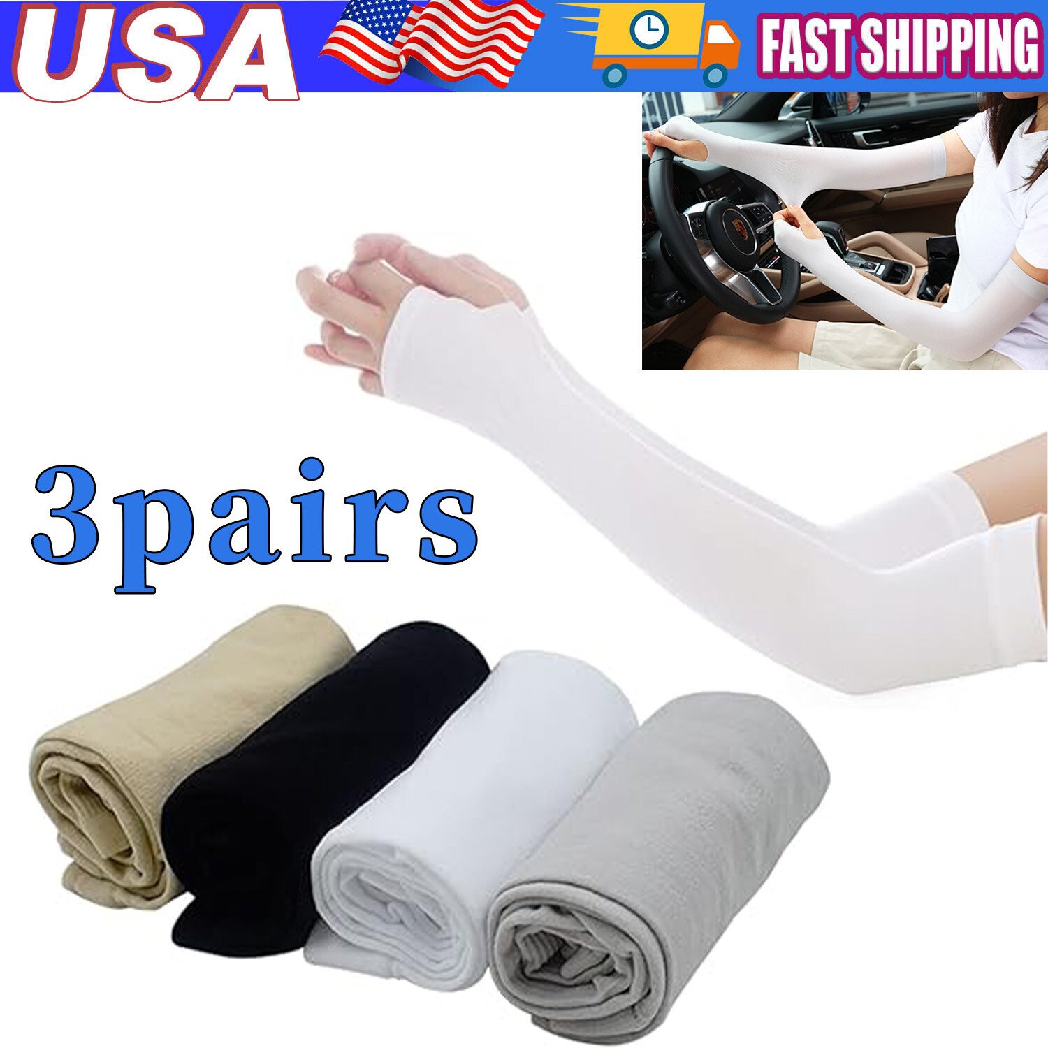 3 Pairs Cooling Arm Sleeves Cover UV Sun Protection Sports Outdoor For Men Women