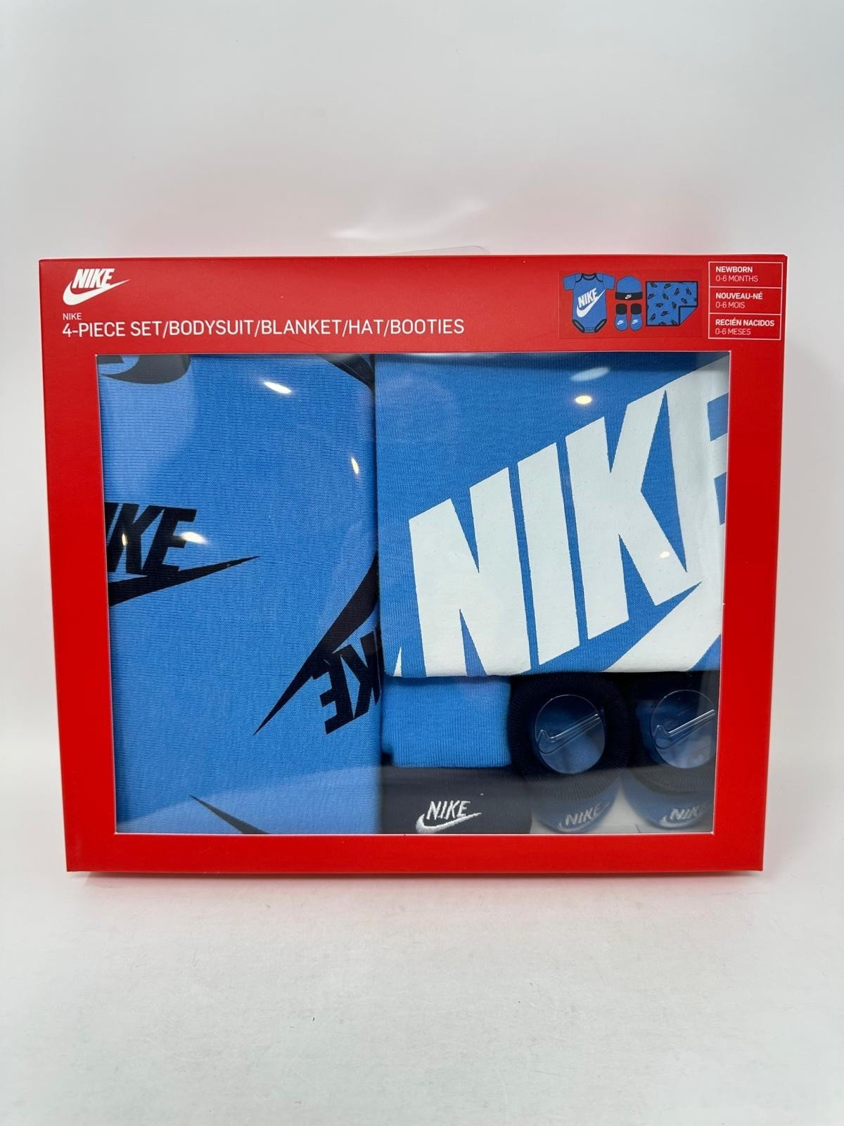 Nike Baby (0-6M) 4 Piece Set - Blanket/Bodysuit/Hat/Booties (2542), O2(C459T) hover