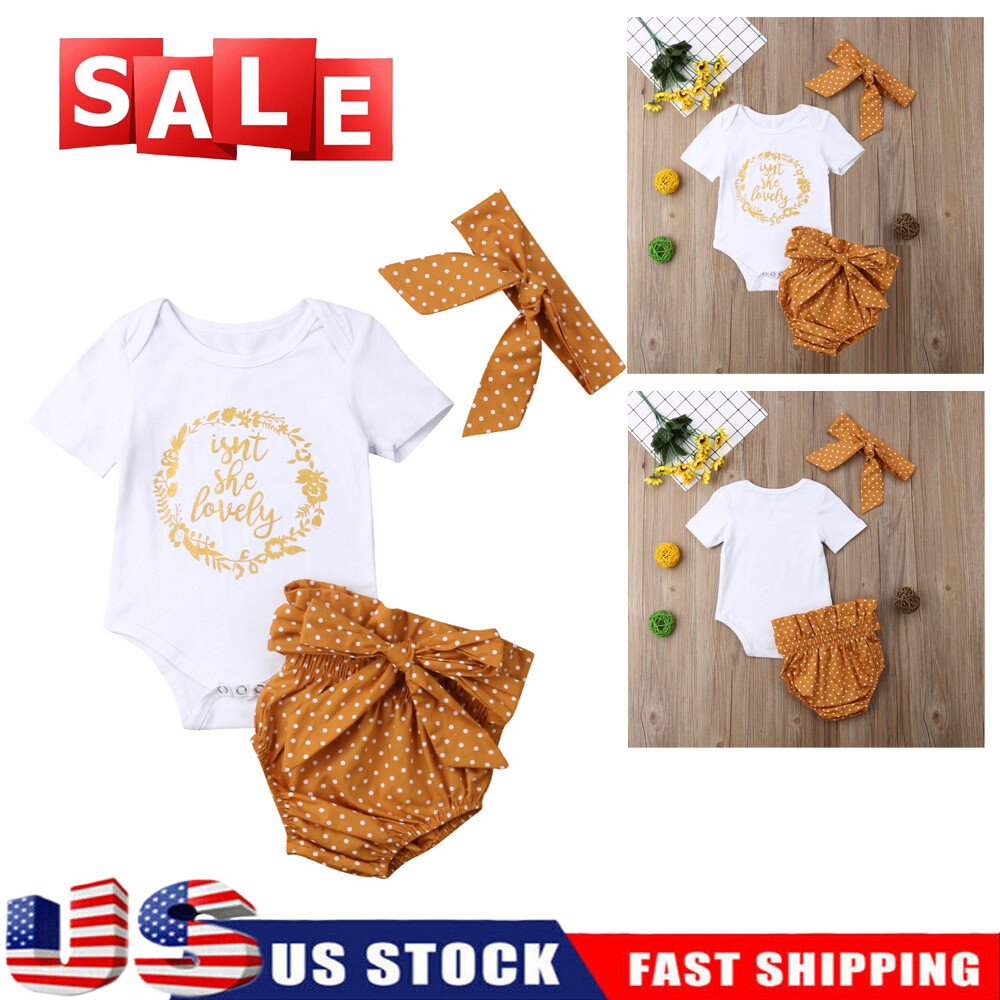 Newborn Baby Girl Outfits Letter Romper Top Shorts Bodysuit Headband Clothes Set